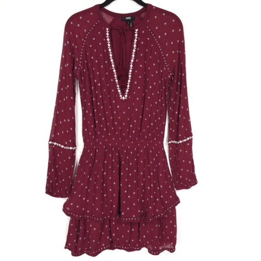 Paige Shanti Mini Dress Small Tiered Ruffle Ls Maroon White Medallion Print